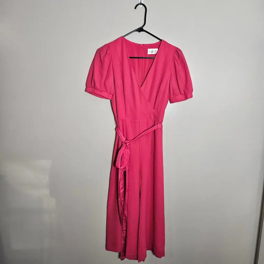 NWOT Eliza J Jumpsuit Hot Pink Faux Wrap Crop Wide Leg Sz 2 - Picture 2 of 16